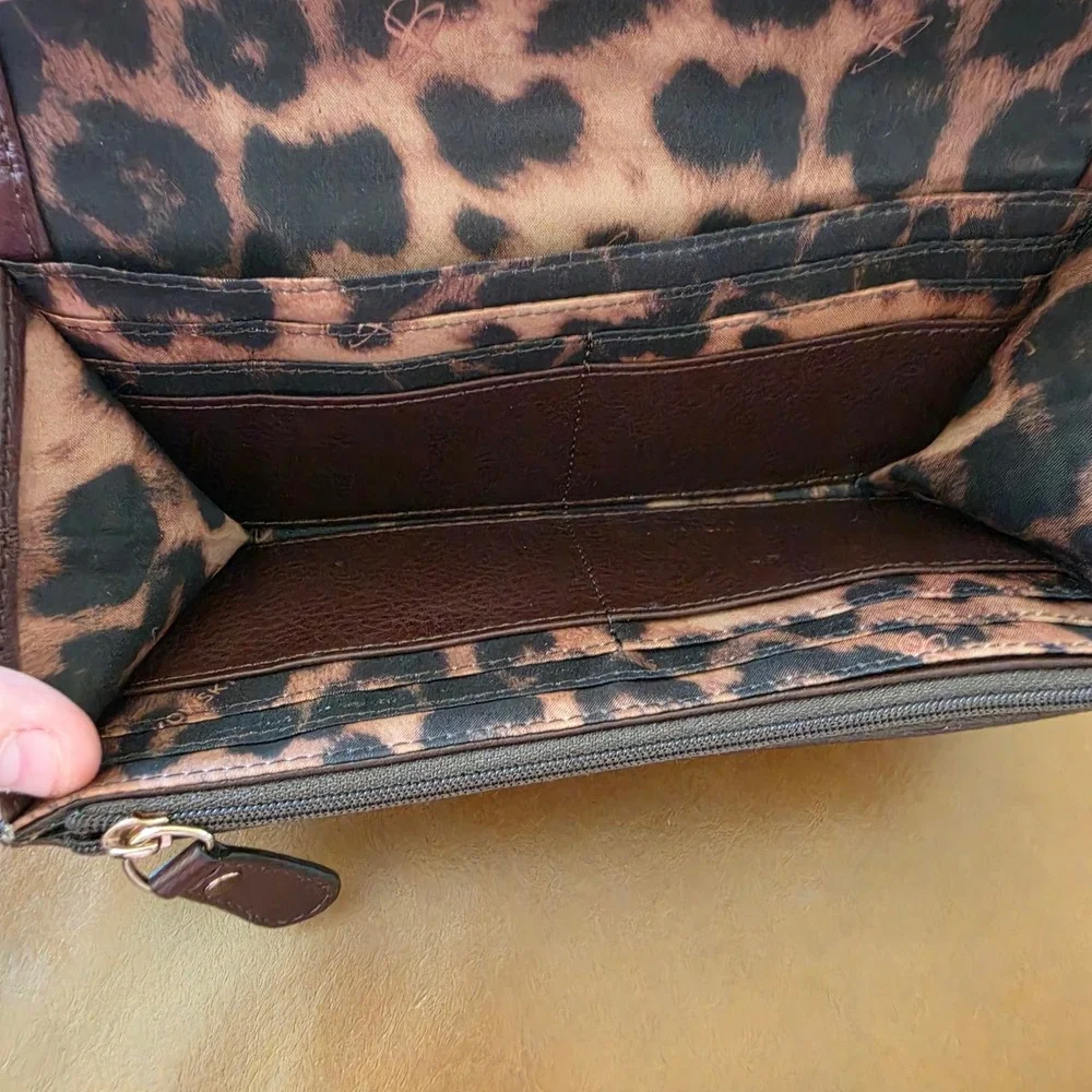 B Makowsky Brown Leather Studded Continental Wallet Leopard Print Lining